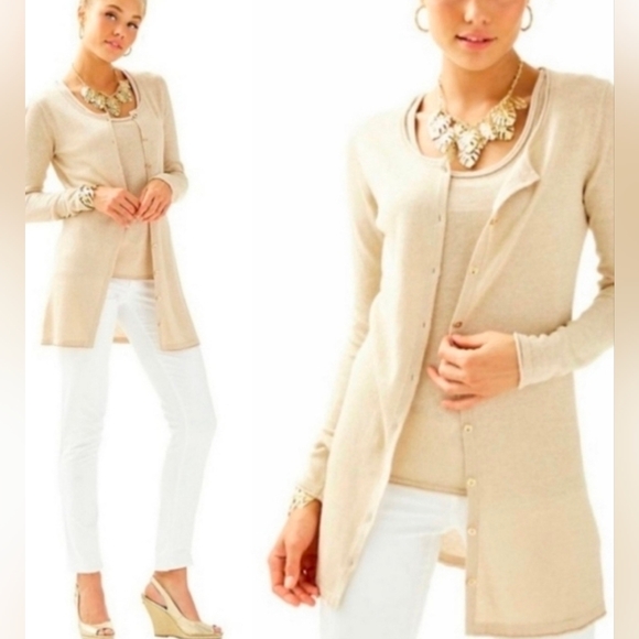 Lilly Pulitzer Gold Metallic Linen Blend cardigan Holiday Party Quiet Luxury - Picture 1 of 11